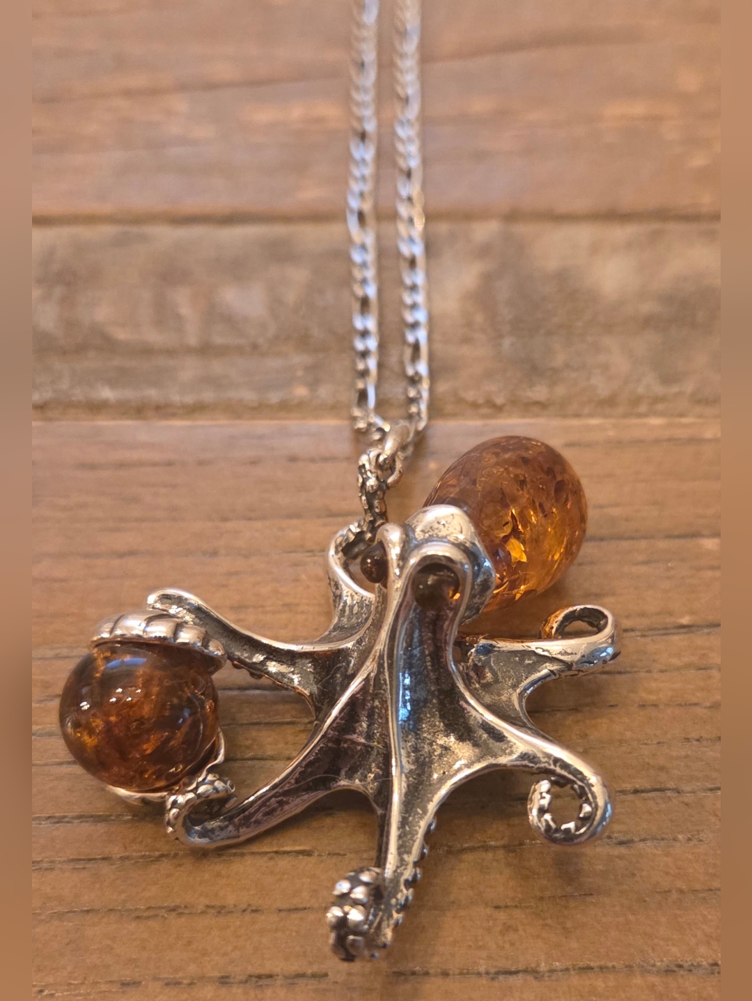 925 Sterling Silver Octopus Pendant Necklace With Amber
